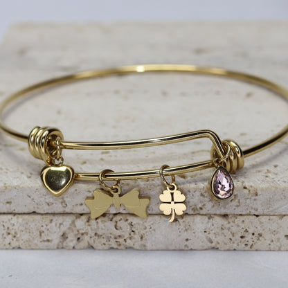 Clover Bow Charm Bangle Bracelet - Adorn-iq